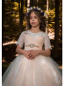 Short Sleeves Ivory Lace Tulle Long Flower Girl Dress With Beaded Sash